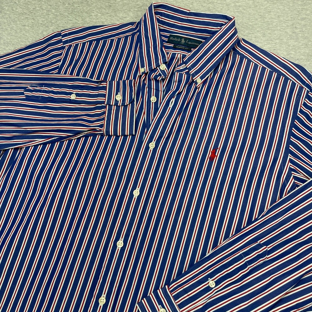 Ralph Lauren Shirt Mens Large Classic Fit Blue White Red Striped Button-down EUC